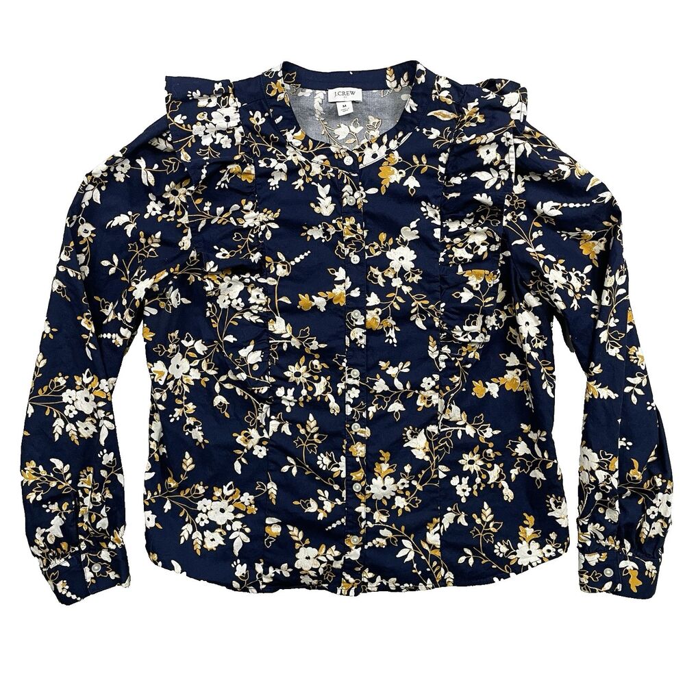 J. Crew Womens M Ruffle Front Button Down Shirt Blue Floral Long Sleeve Cottage